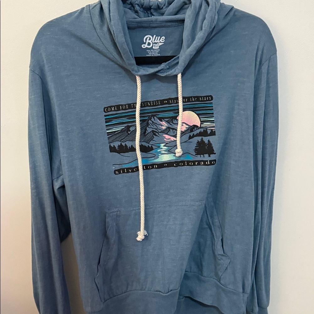 Blue 84 Teal Hoodie with Mountain Scene